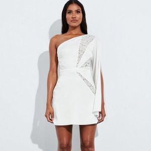 White Lace One Shoulder Split Sleeve Mini Dress